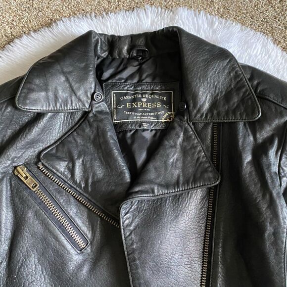 Express Genuine Leather Jacket Vintage Black Moto Y2K Womens Size Medium No Belt - Picture 4 of 11